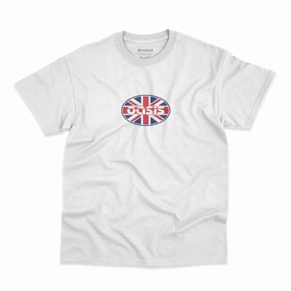 Camiseta British Flag no formato oval da banda Oasis na cor branca