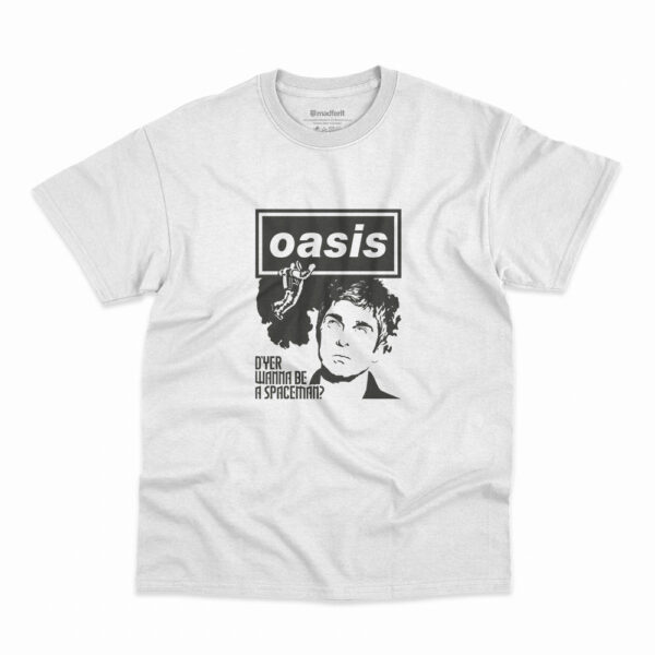 Camiseta Oasis Noel D'Yer Wanna Be a Spaceman na cor branca