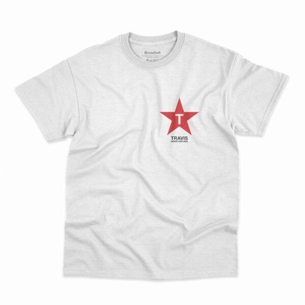 Camiseta na cor branca da banda Travis estampa Good Feeling