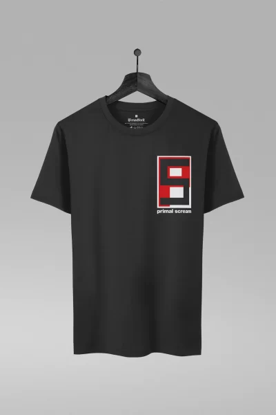 Camiseta preta com estampa da banda Primal Scream