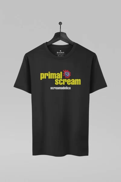 Camiseta preta com estampa da banda Primal Scream