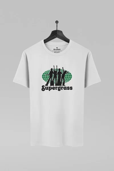 Camiseta branca com estampa da banda Supergrass