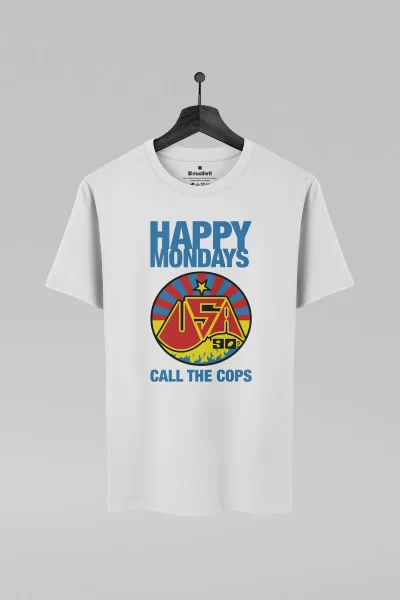 Camiseta branca com estampa da banda Happy Mondays