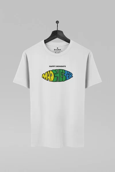 Camiseta branca com estampa da banda Happy Mondays