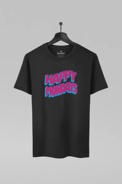 Camiseta preta com estampa da banda Happy Mondays