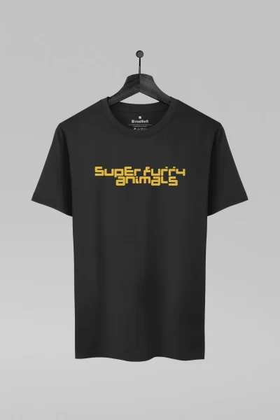 Camiseta preta com estampa da banda Super Furry Animals