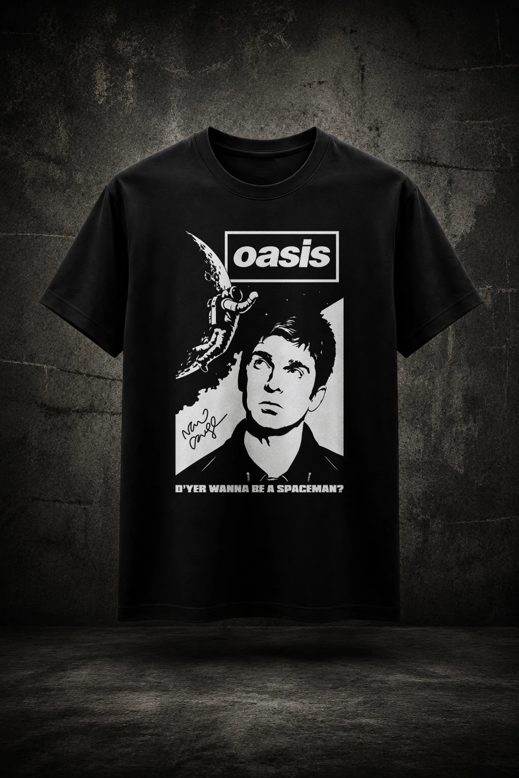 Camiseta Oasis Noel DYer Wanna Be a Spaceman Mockup