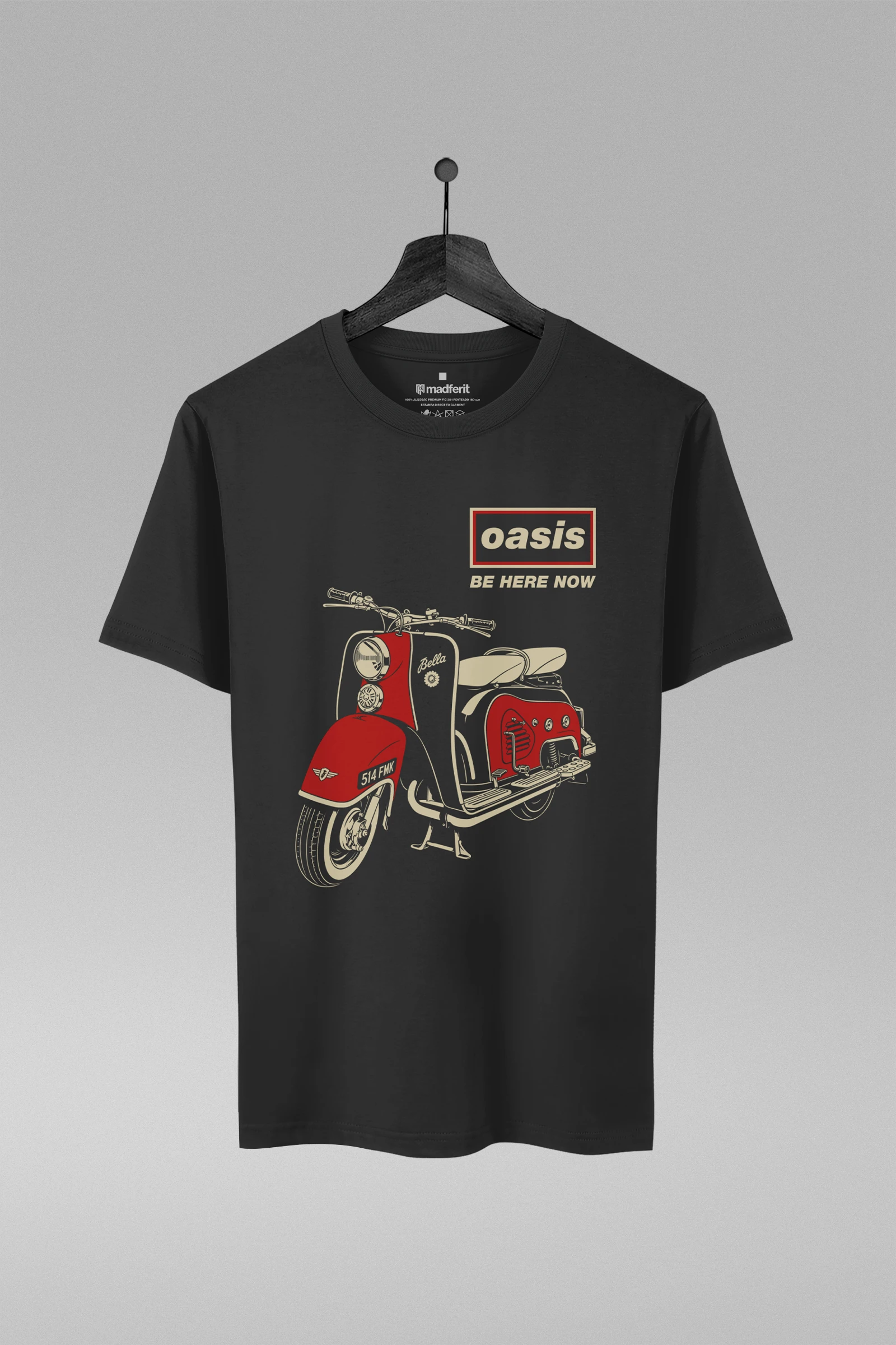 Camiseta branca com estampa Be Here Now da banda Oasis